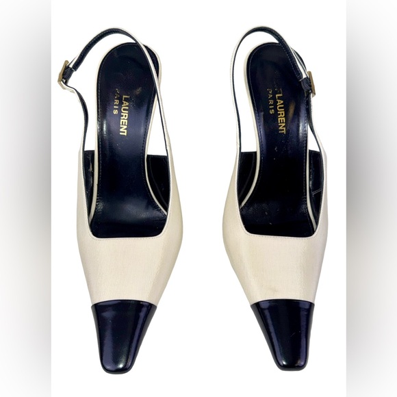SAINT LAURENT INES SLINGBACK PUMPS IN WHITE SATIN AND BLACK LEATHER - Picture 2 of 7